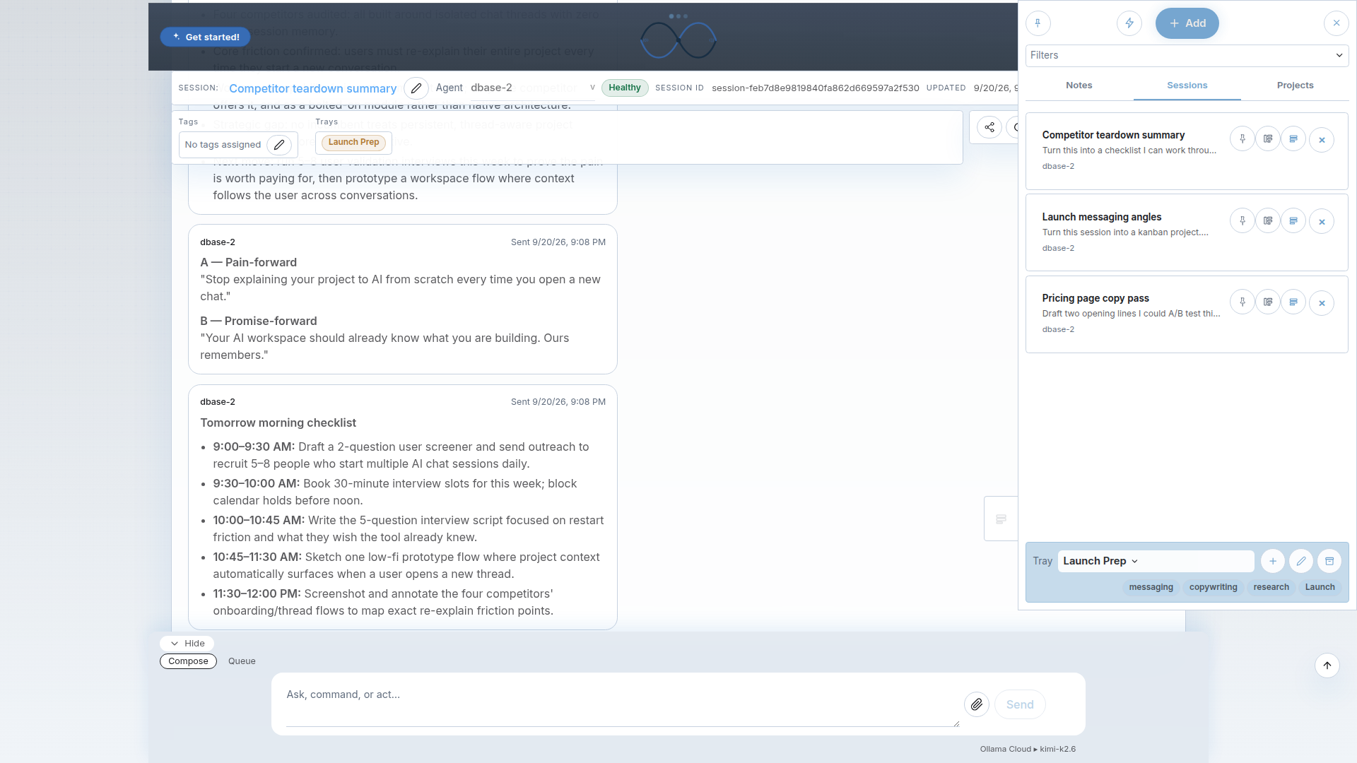 The full qbit.me app with the tray open showing Notes, Sessions, and Projects.