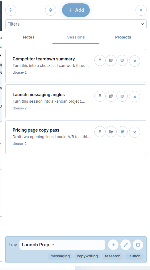 The qbit.me tray popup with Notes, Sessions, and Projects tabs holding items together.